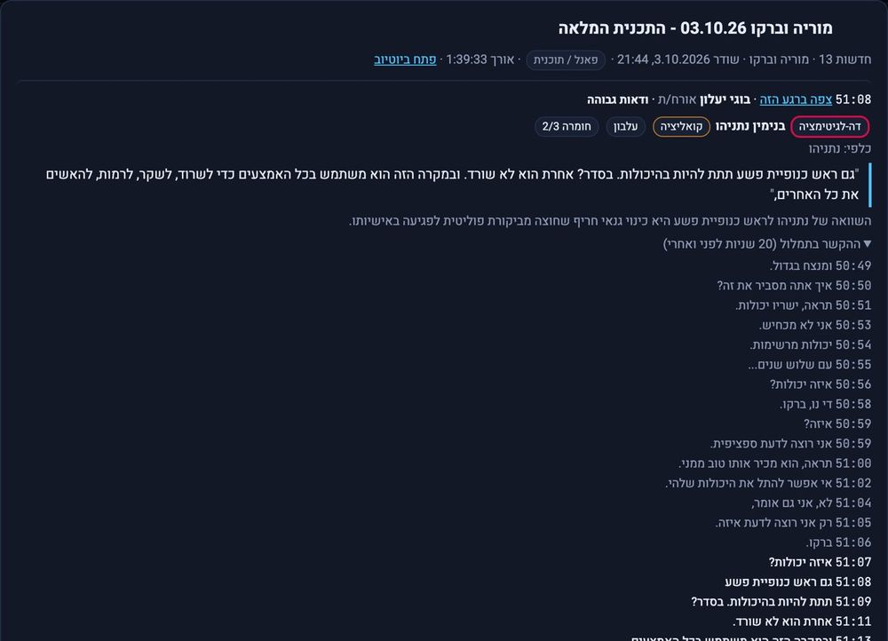כרטיס הראיה של הציטוט של בוגי יעלון בחדשות 13, עם ההקשר בתמלול
